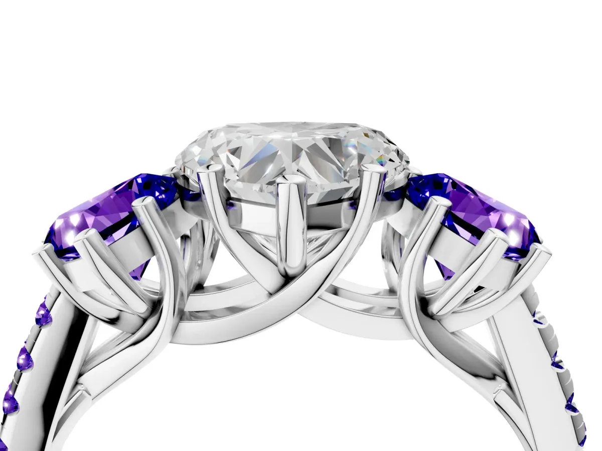 Three-Stone Heart Cut Diamond Ring with Round Tanzanite Pavé Band and Prong Setting Silver