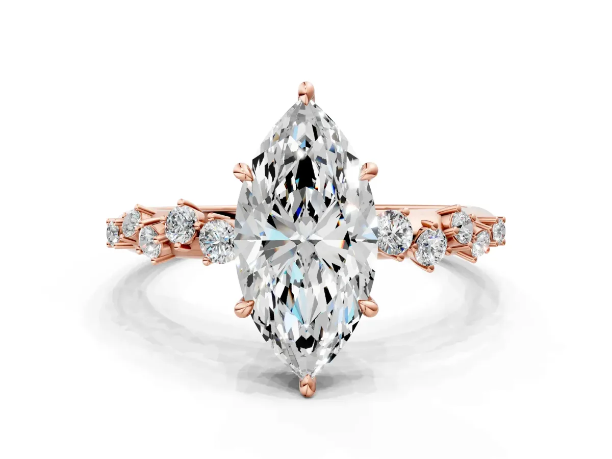 Marquise Cut Diamond Cluster Side Stone Solitaire Ring with Prong Setting Rose gold