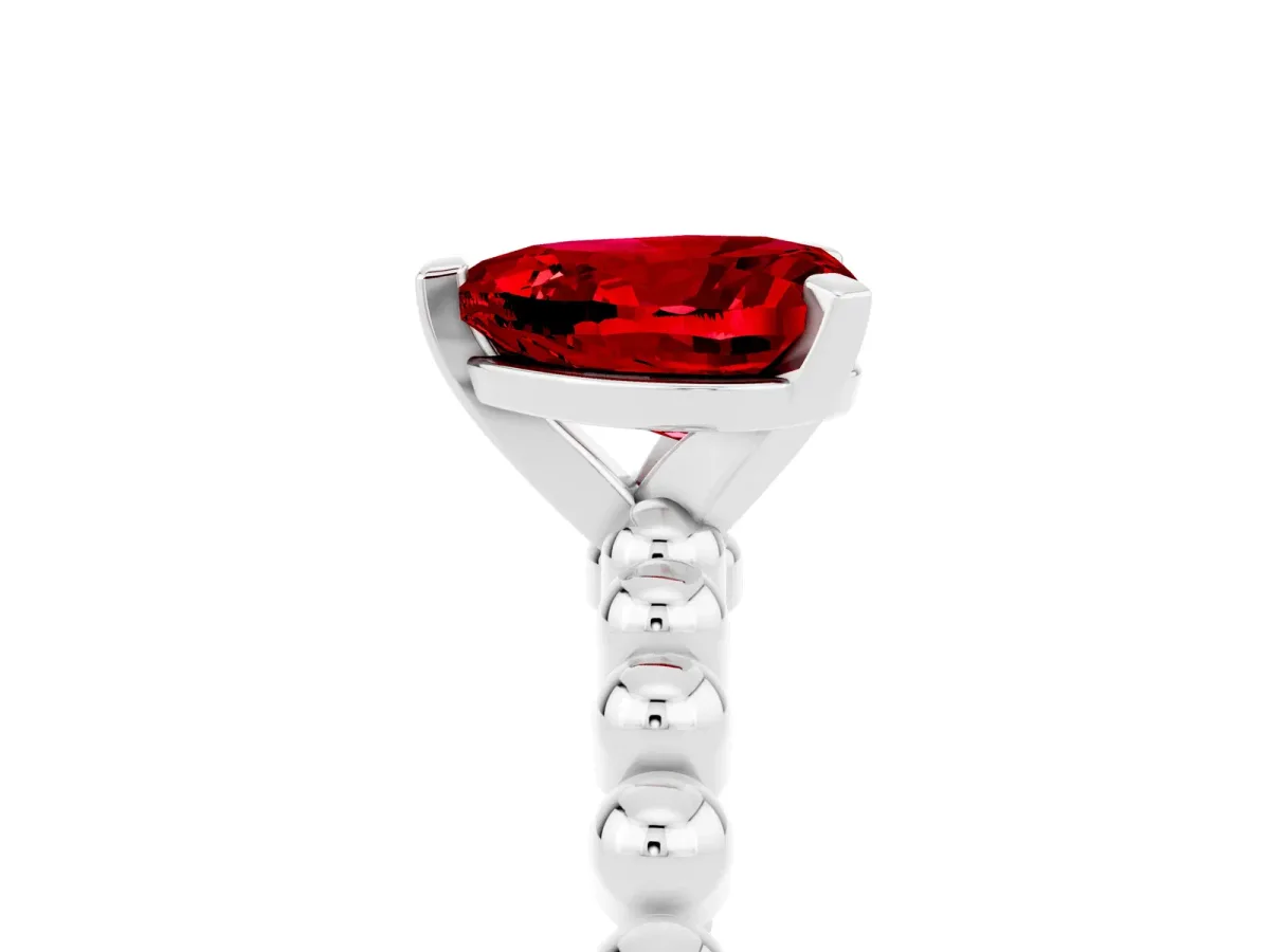 Heart Cut Ruby Solitaire Ring with Beaded Band and Prong Setting Platinum