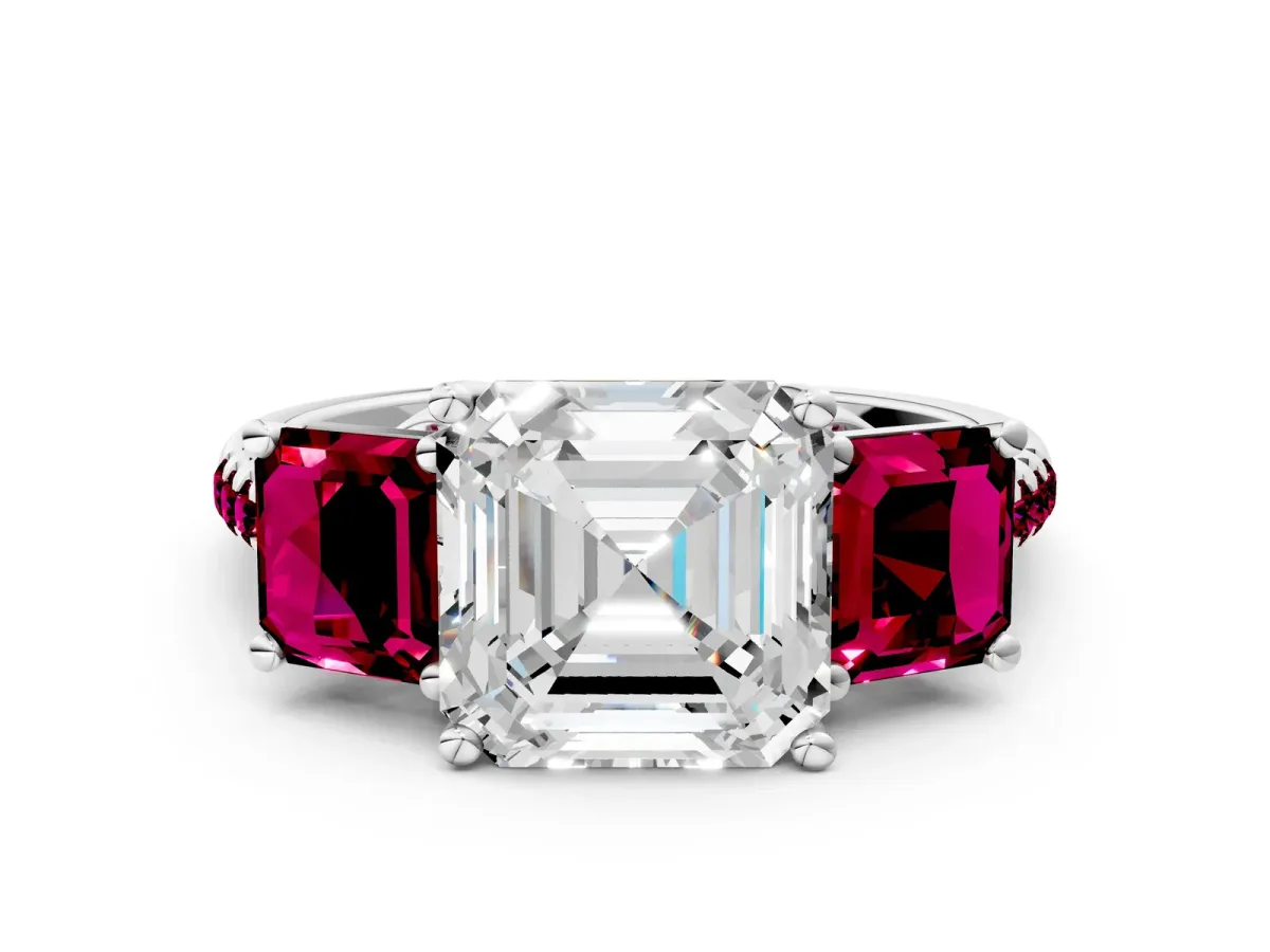Three-Stone Asscher Cut Diamond Ring with Round Garnet Pavé Band and Prong Setting Silver