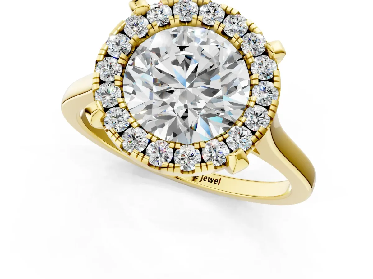 Round Cut Diamond Cluster Halo Solitaire with Four-Prong Setting Yellow gold