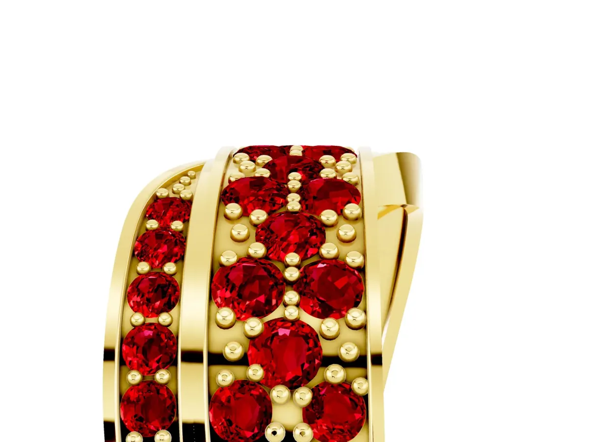 Pavé Round Ruby Crossover Band with Bead Prong Setting Yellow gold