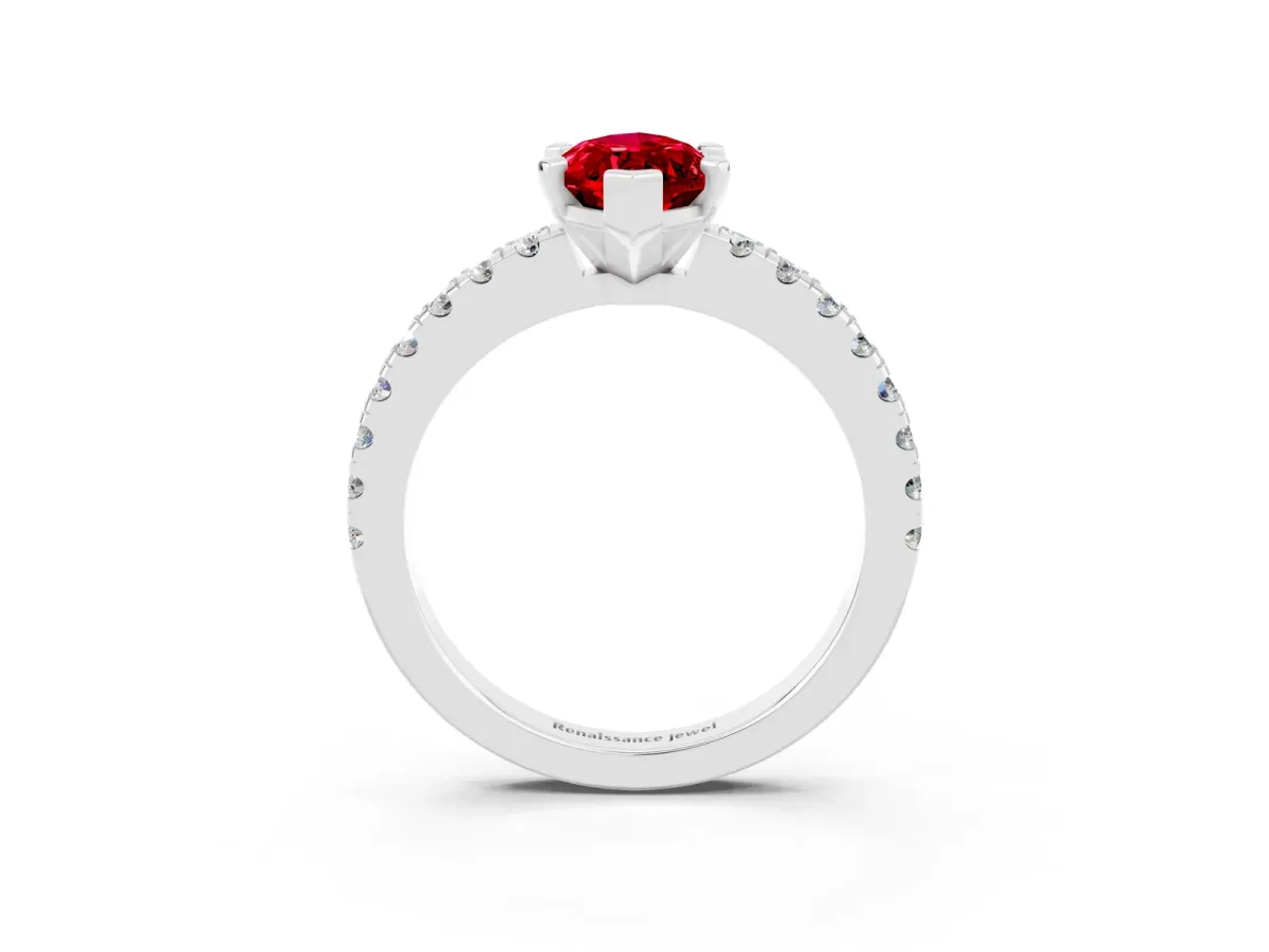 Marquise Cut Solitaire Ruby with Pavé Band and Four-Prong Setting White gold
