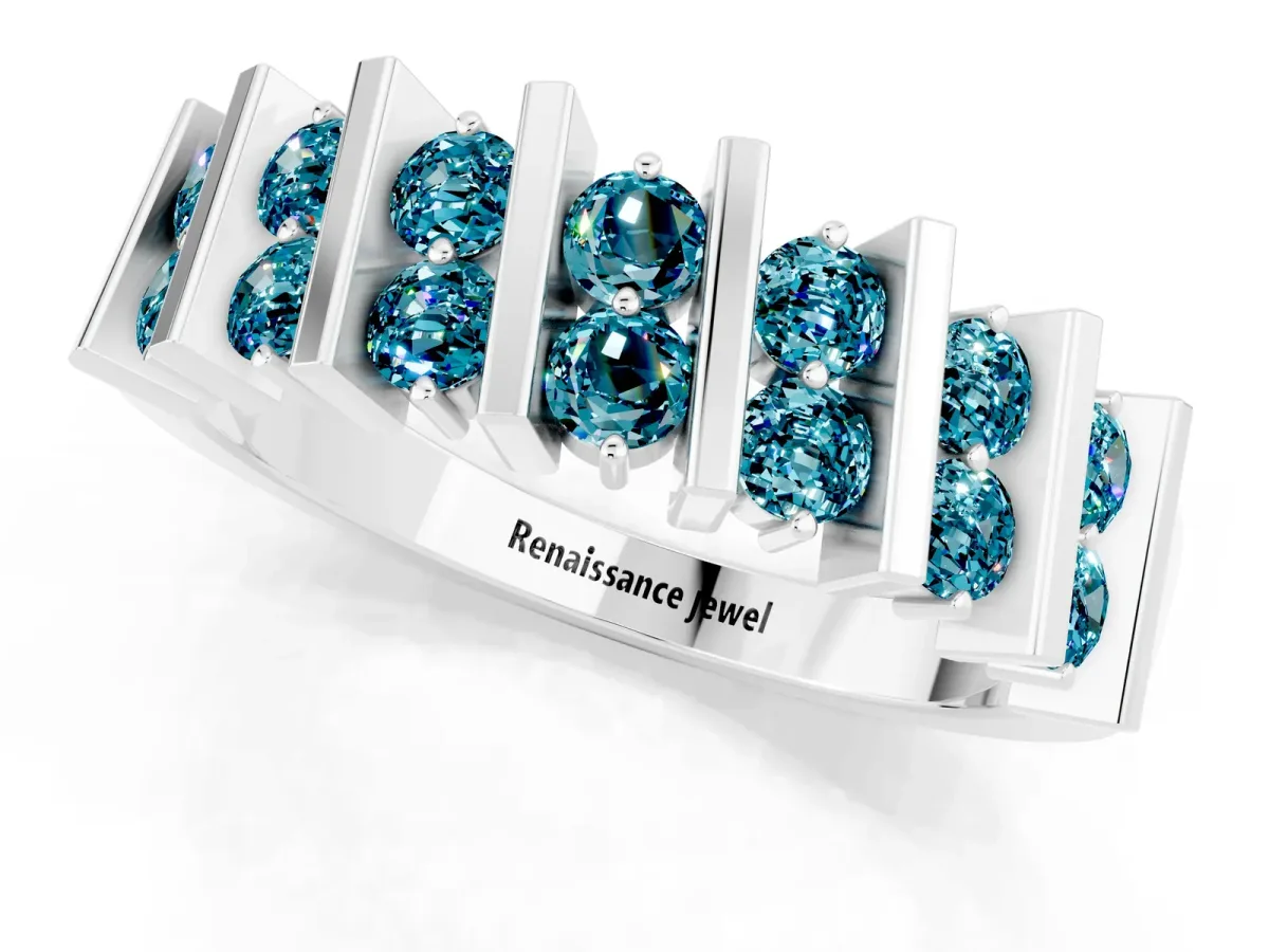 Channel Set Round Blue Topaz Anniversary Band with Vertical Prongs Silver