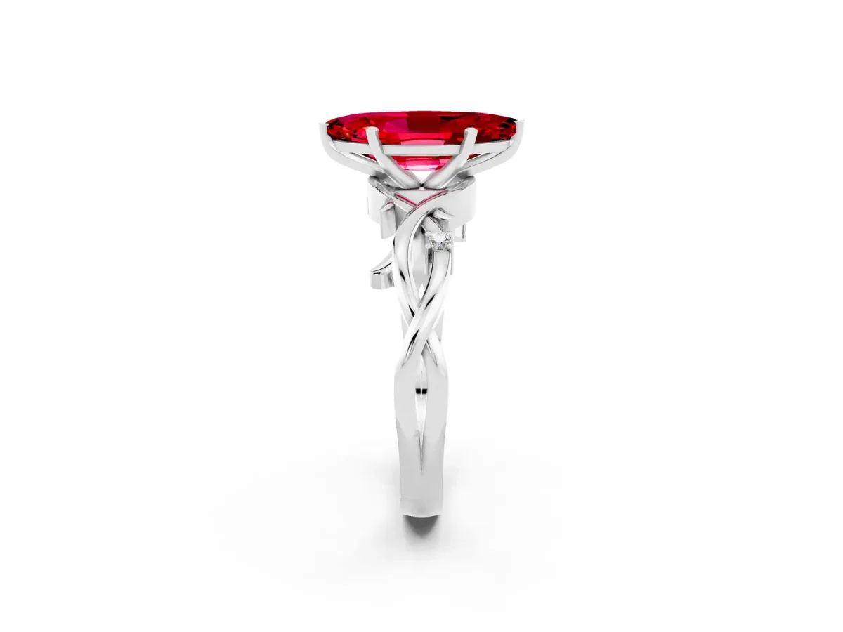 Marquise Cut Ruby Solitaire Ring with Milgrain Pavé Band and Four-Prong Setting White gold