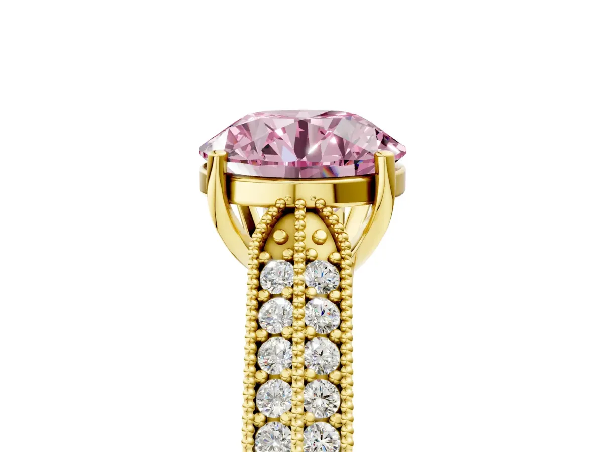 Fancy Pink Round Cut Cut Pave Split Shank Engagement Ring with Four-Prong Setting Yellow gold