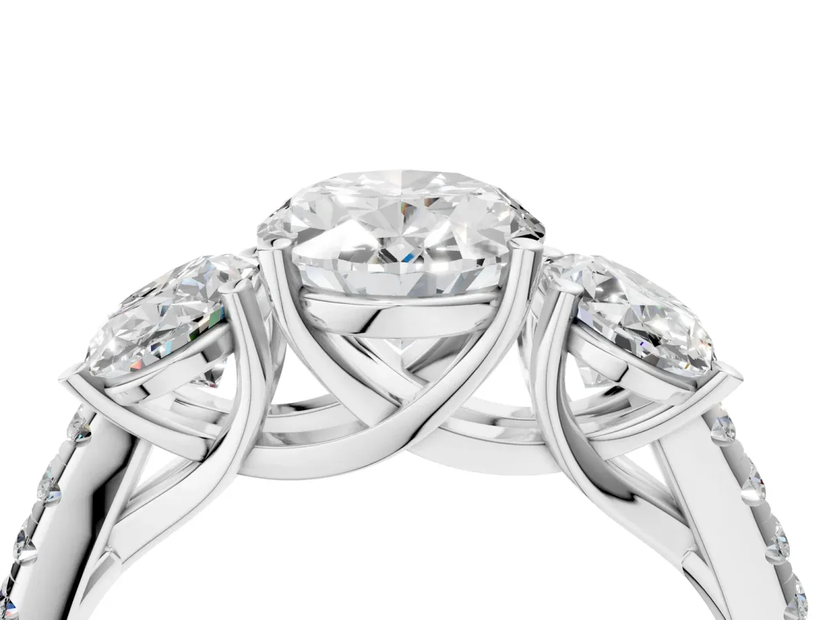 Three-Stone Oval Cut Diamond Ring with Round Moissanite Pavé Band and Prong Setting Silver