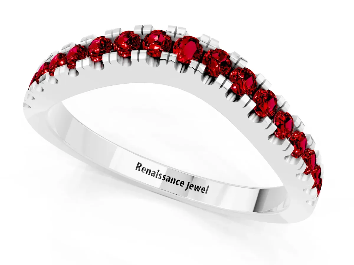 Round Ruby Pavé Curved Band with Shared Prong Setting Platinum