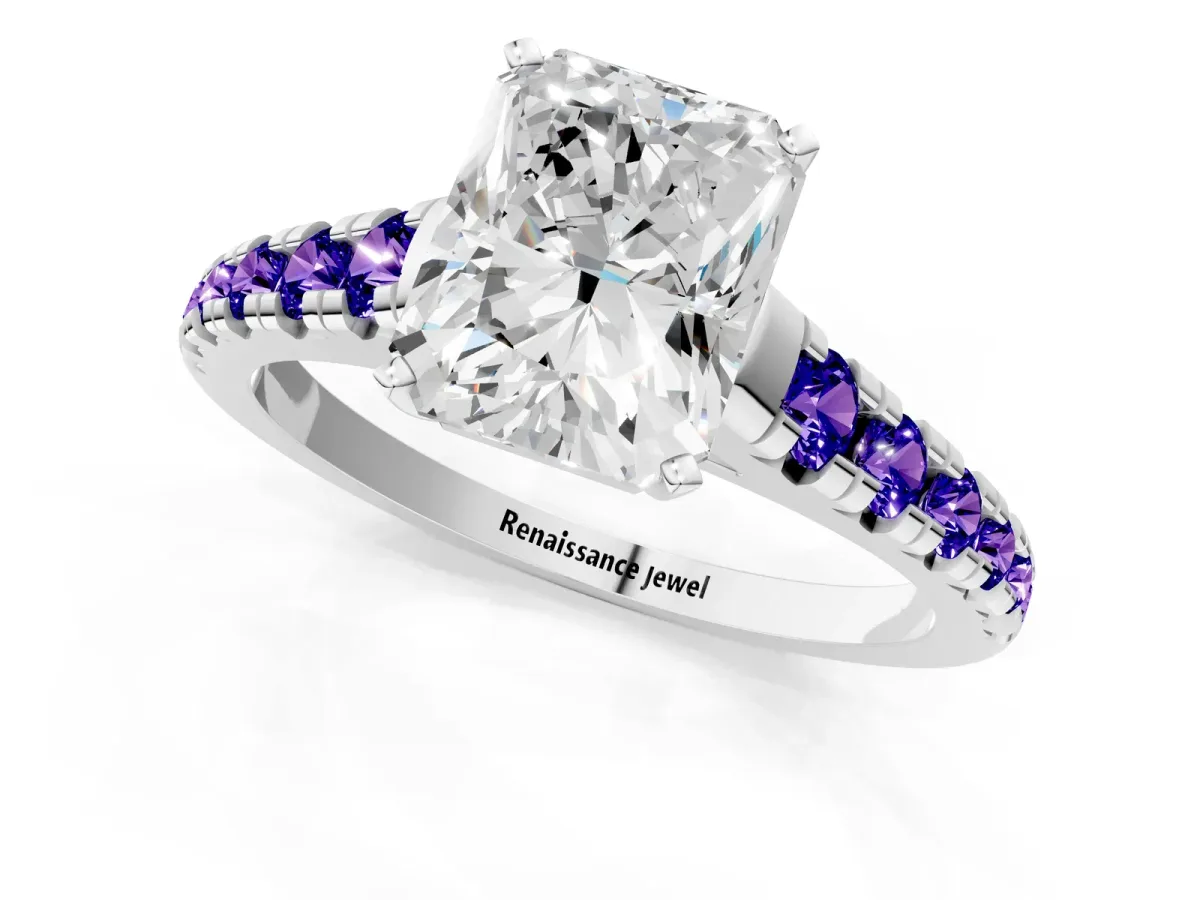 Radiant Cut Diamond Cathedral Solitaire Ring with Round Tanzanite Pavé Band Silver