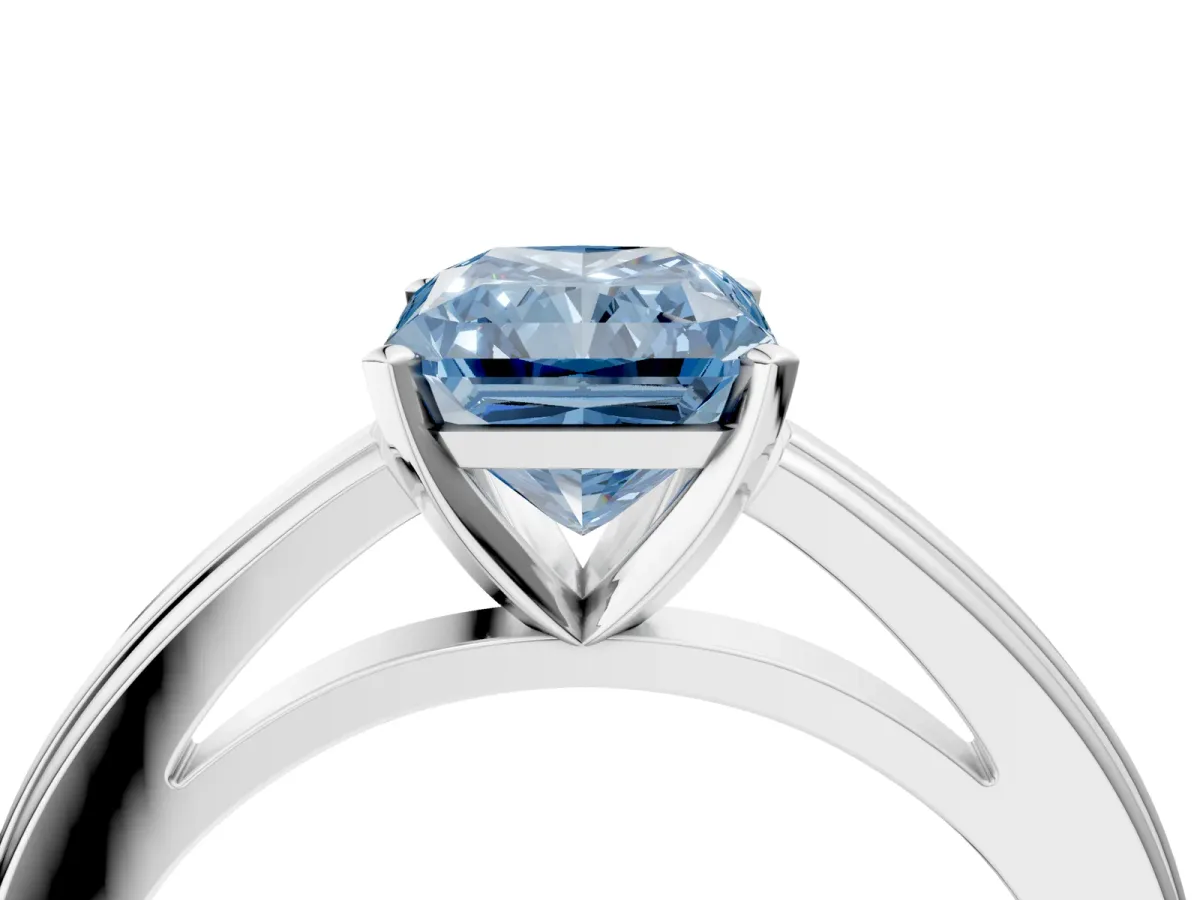 Fancy Blue Radiant Cut Solitaire Diamond Ring with Four-Prong Setting and Classic Band Platinum