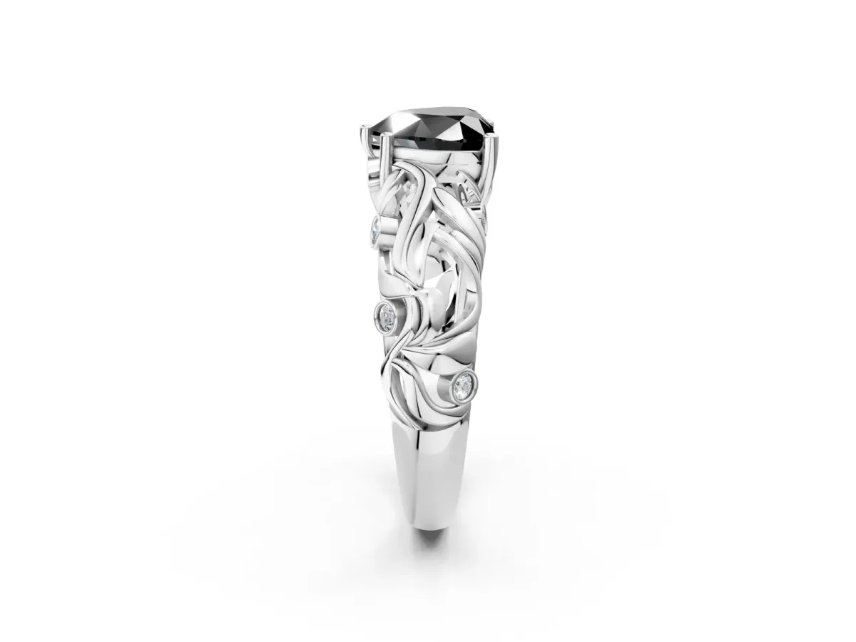 Fancy Black Heart Cut Solitaire Diamond Leaf-Inspired Vine Band Ring with Prong Setting Platinum