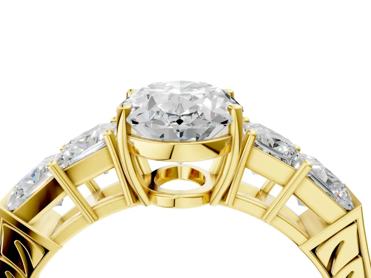 Oval Cut Solitaire Princess Side Stone Engraved Band Prong Setting Ring Yellow gold