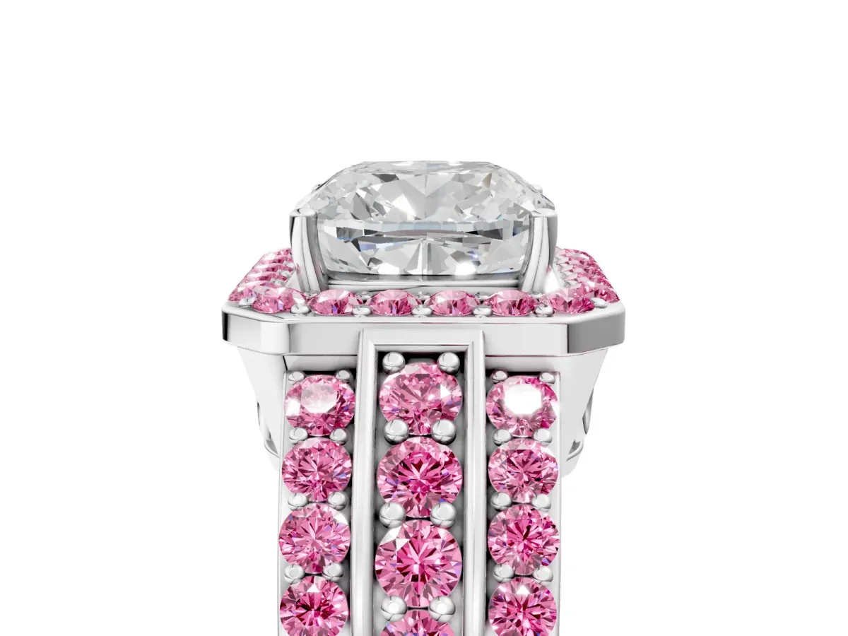Cushion Cut Halo Diamond Ring with Round Pink Sapphire Split Shank and Prong Setting Silver