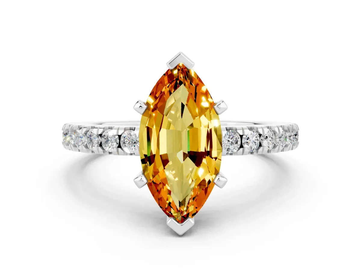 Marquise Cut Solitaire Citrine with Pavé Band and Four-Prong Setting Silver
