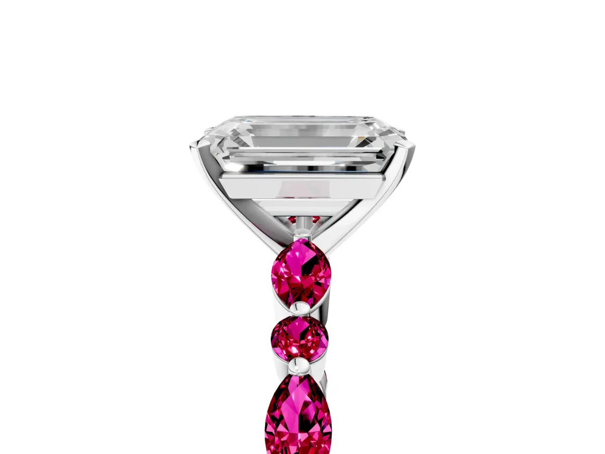 Emerald Cut Diamond Ring with Marquise and Round Garnet Side Stones and Four-Prong Setting Silver