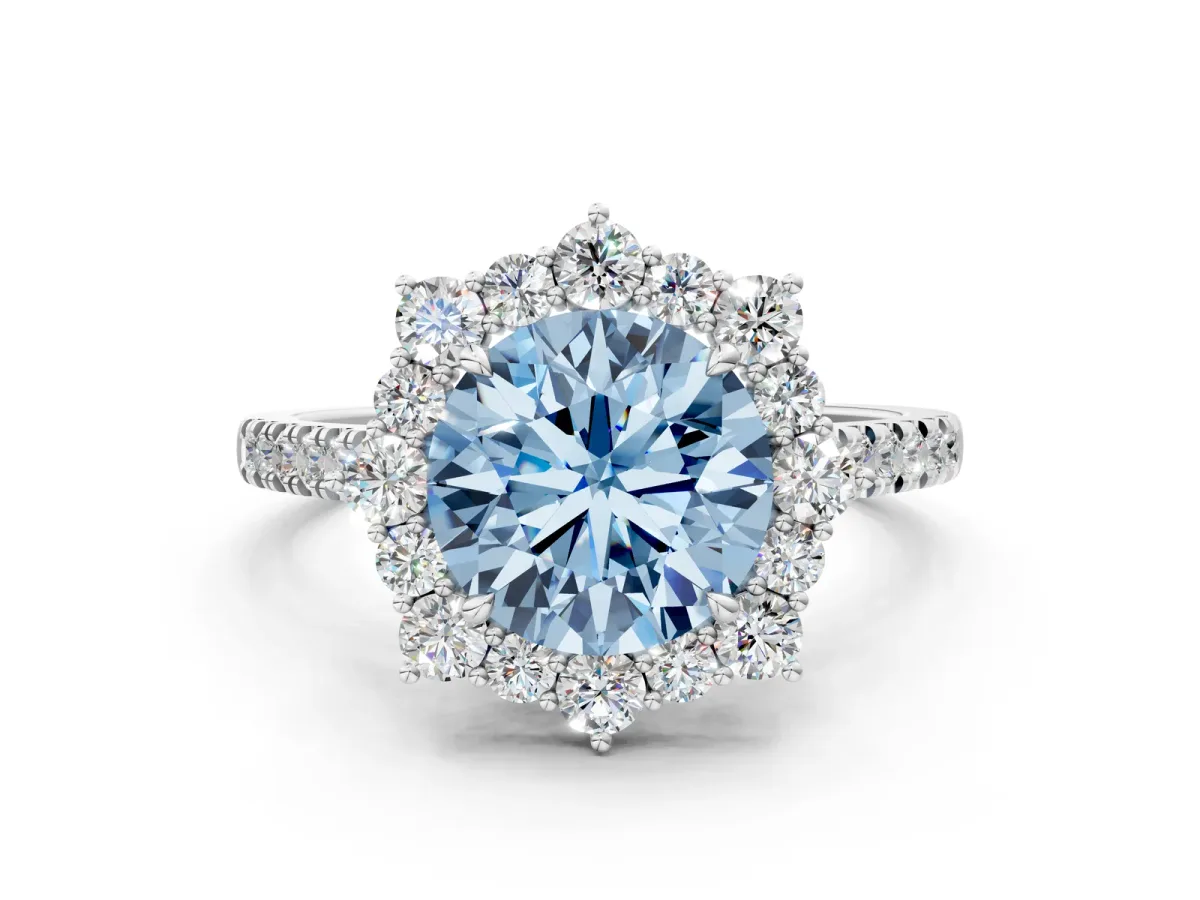 Fancy Blue Round Cut Halo Diamond Ring with Pavé Band and Prong Setting Silver