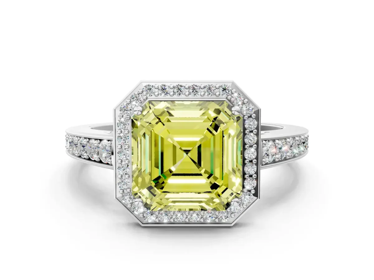 Fancy Yellow Asscher Cut Halo Pavé Diamond Engagement Ring with Bezel Setting Silver