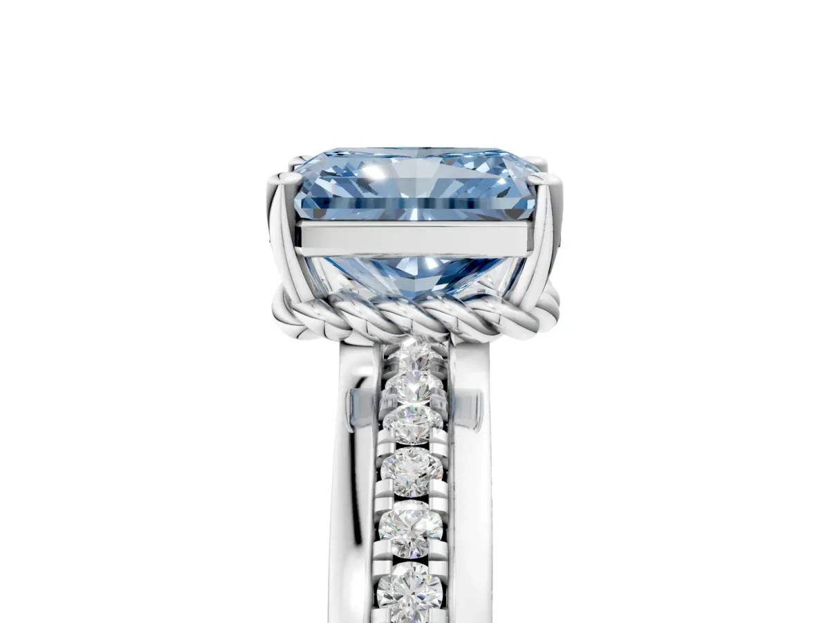 Fancy Blue Radiant Cut Solitaire Diamond Ring with Channel Set Band and Six-Prong Setting Platinum