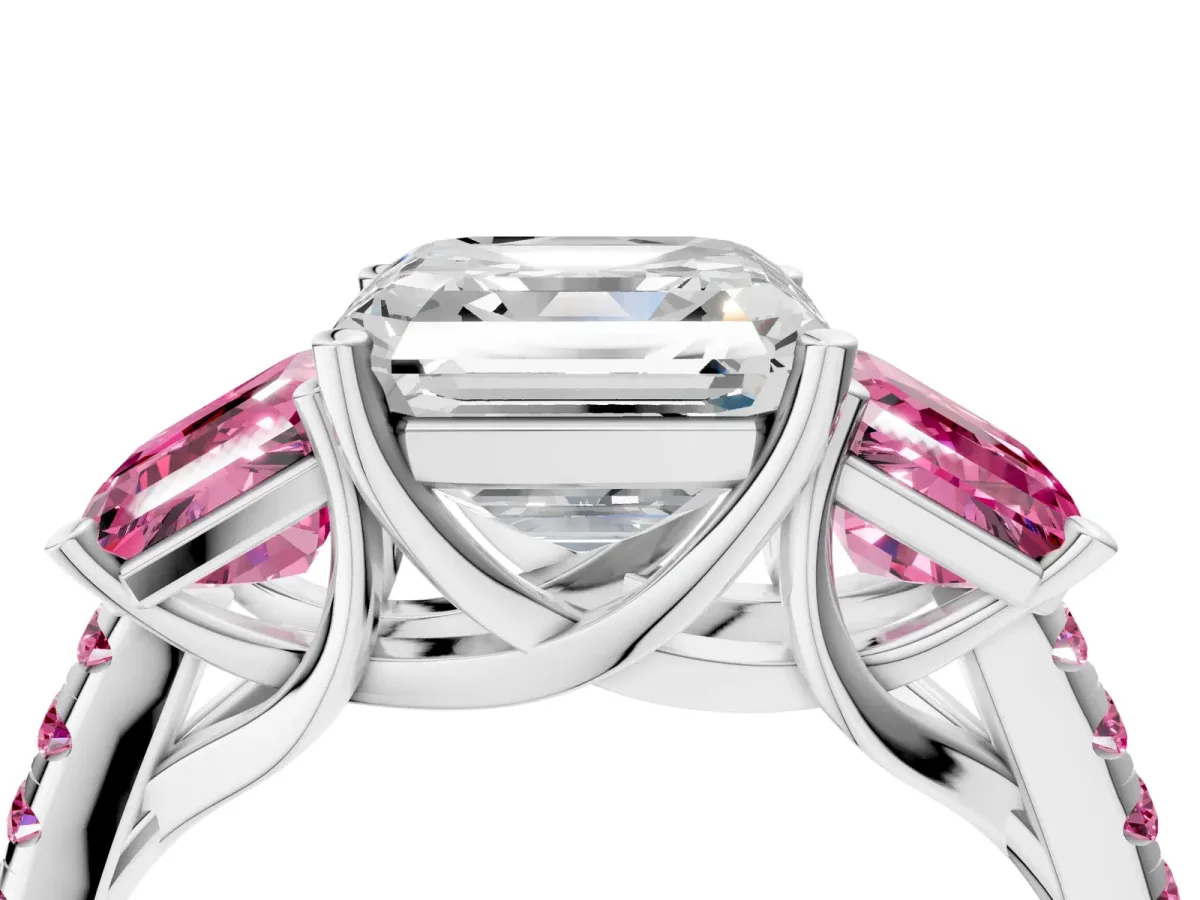 Three-Stone Asscher Cut Diamond Ring with Round Pink Sapphire Pavé Band and Prong Setting Silver