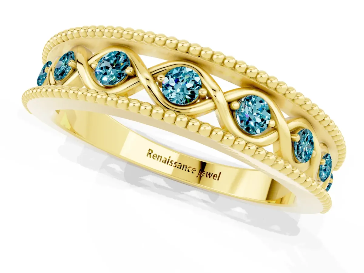 Round Blue Topaz Twist Milgrain Band with Bezel Setting Yellow gold