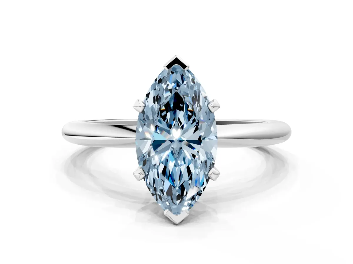 Fancy Blue Marquise Cut Diamond Solitaire Ring with Six-Prong Setting and Classic Band Silver
