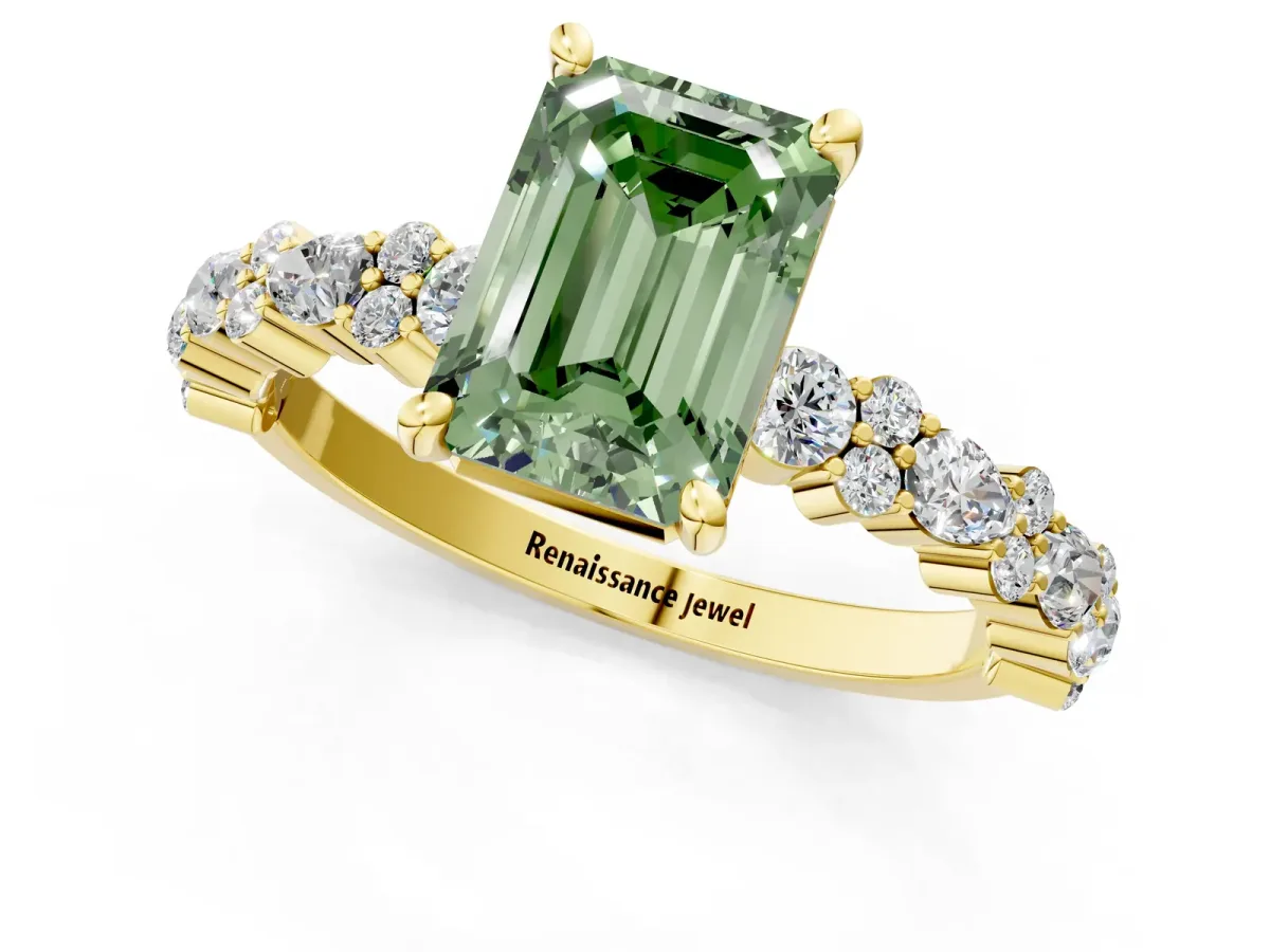 Fancy Green Emerald Cut Diamond Side Stone Solitaire Ring with Round and Four-Prong Setting Yellow gold