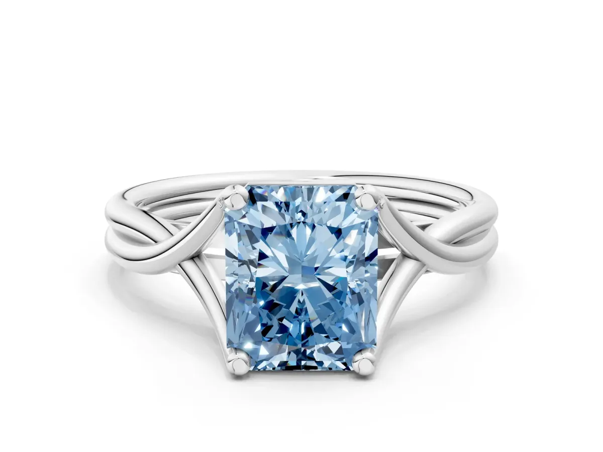 Fancy Blue Radiant Cut Diamond Solitaire Twist Band Prong Setting Ring Platinum