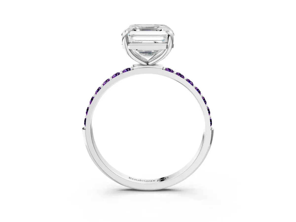 Asscher Cut Diamond Solitaire Ring with Round Amethyst Pavé Band and Prong Setting Silver