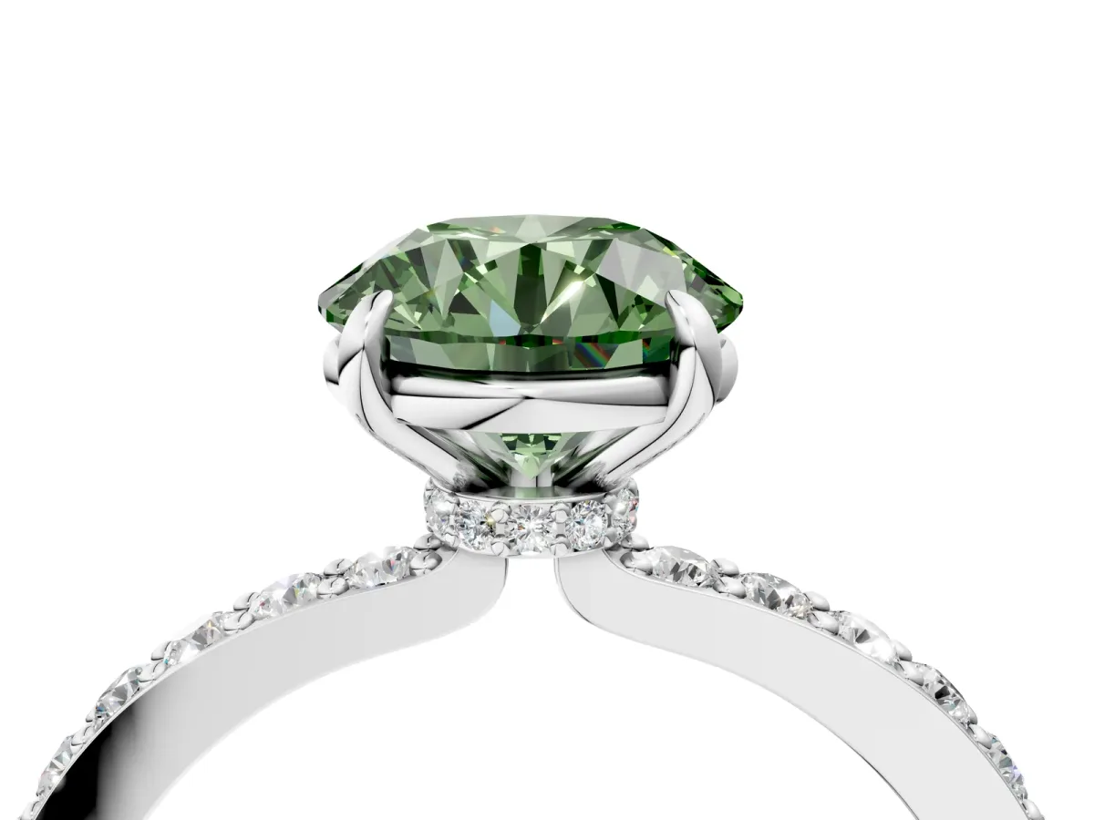 Fancy Green Round Cut Diamond Solitaire Engagement Ring with Pavé Band and Four-Prong Setting Silver