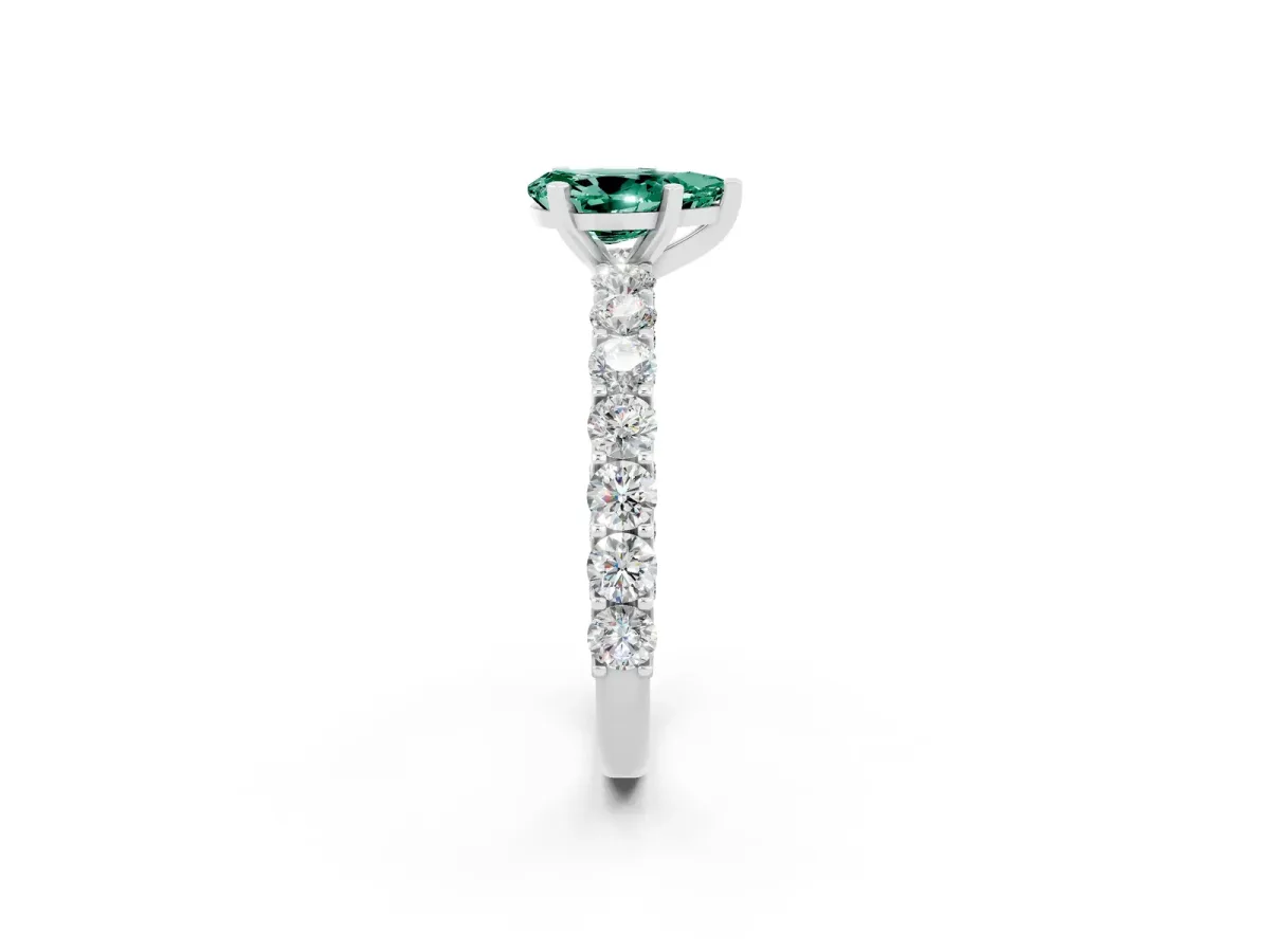 Pear Cut Green Sapphire Solitaire Ring with Shared Prong Pavé Band and Four-Prong Setting Silver