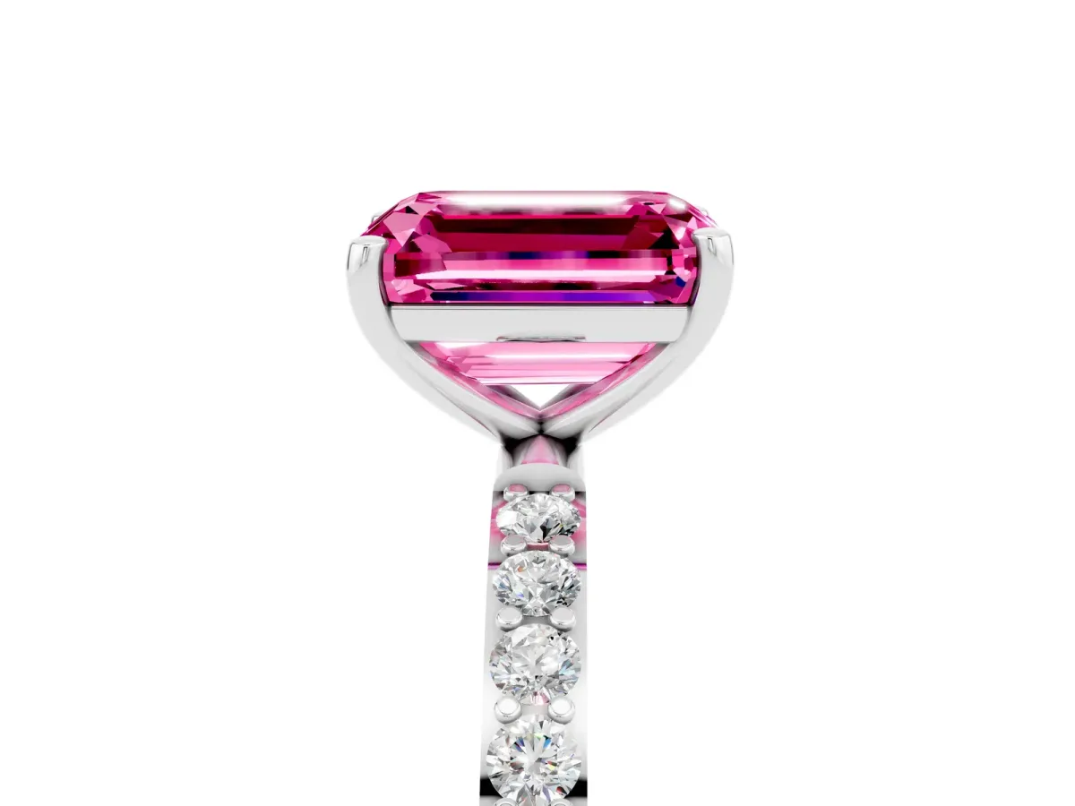 Emerald Cut Pink Sapphire Solitaire Ring with Round Pavé Band and Prong Setting Platinum