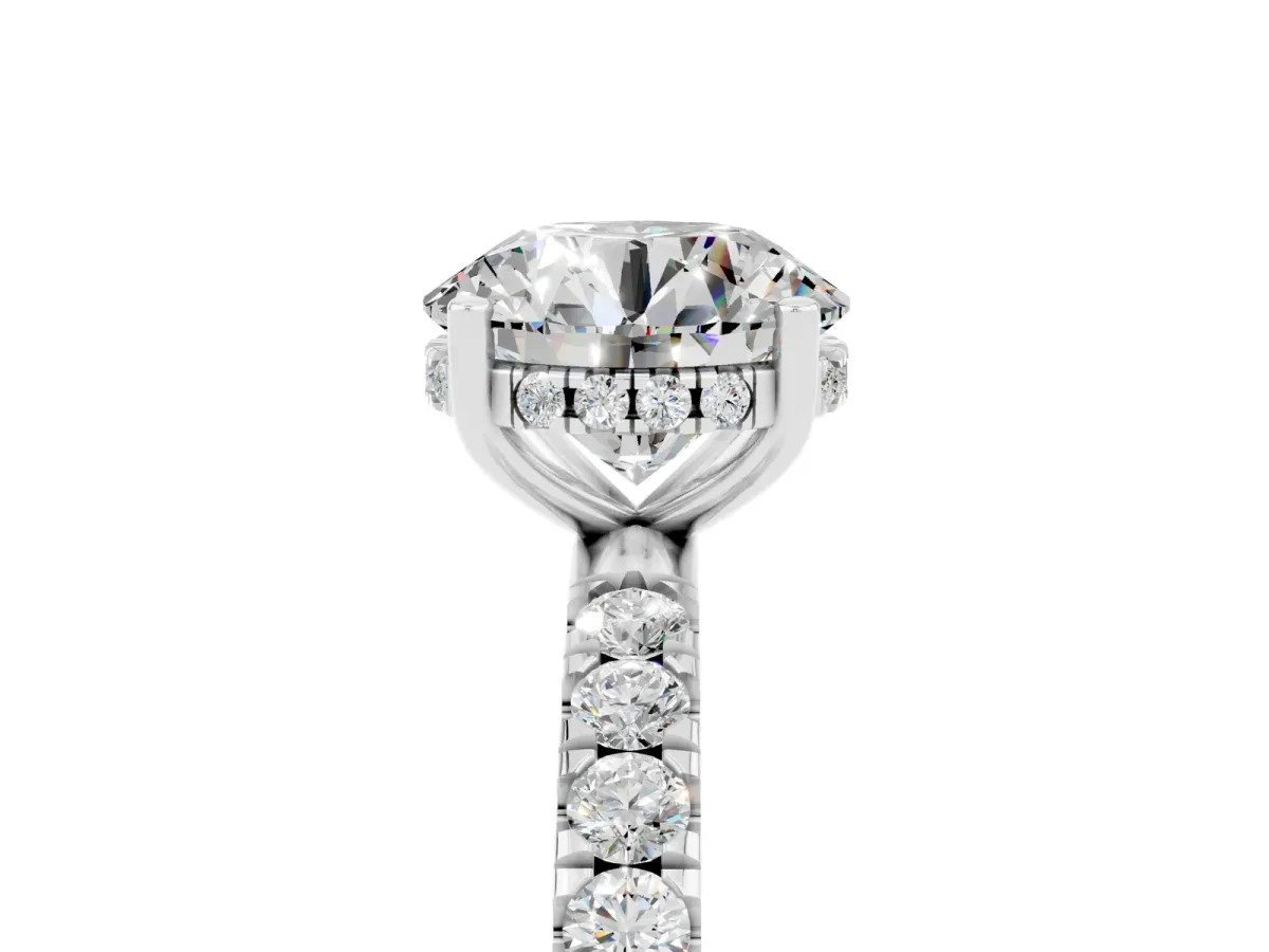 Round Cut Moissanite Pave Band Solitaire Ring with Round and Prong Setting Platinum