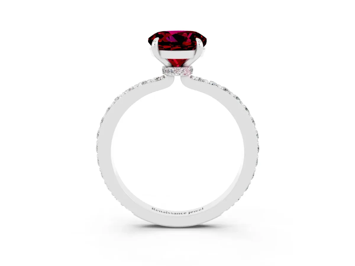 Round Cut Garnet Solitaire Engagement Ring with Pavé Band and Four-Prong Setting Silver