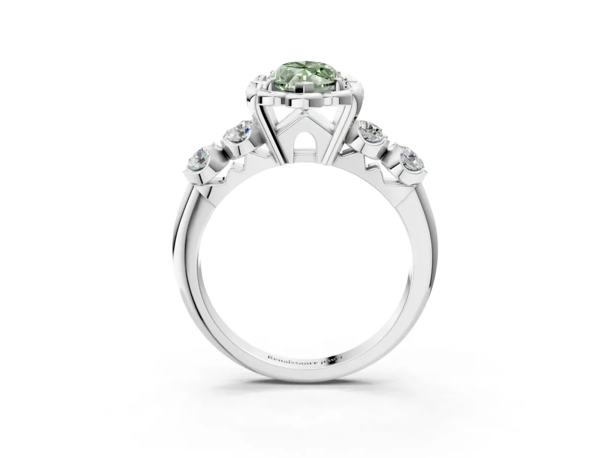 Fancy Green Marquise Cut Cut Diamond Floral Halo Engagement Ring with Shared Prong Setting Silver