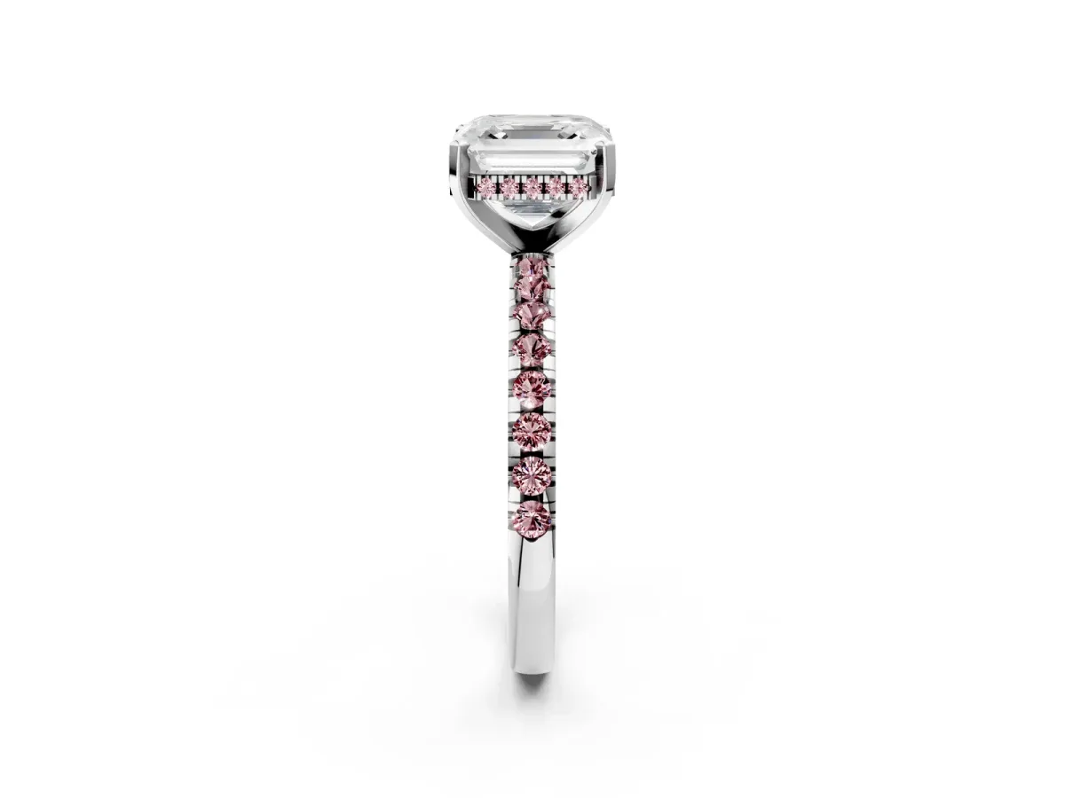 Asscher Cut Diamond Solitaire Ring with Round Morganite Pavé Band and Four-Prong Setting Silver