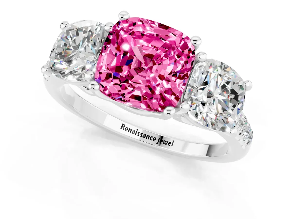 Three-Stone Cushion Cut Pink Sapphire Ring with Round Pavé Band and Prong Setting Silver