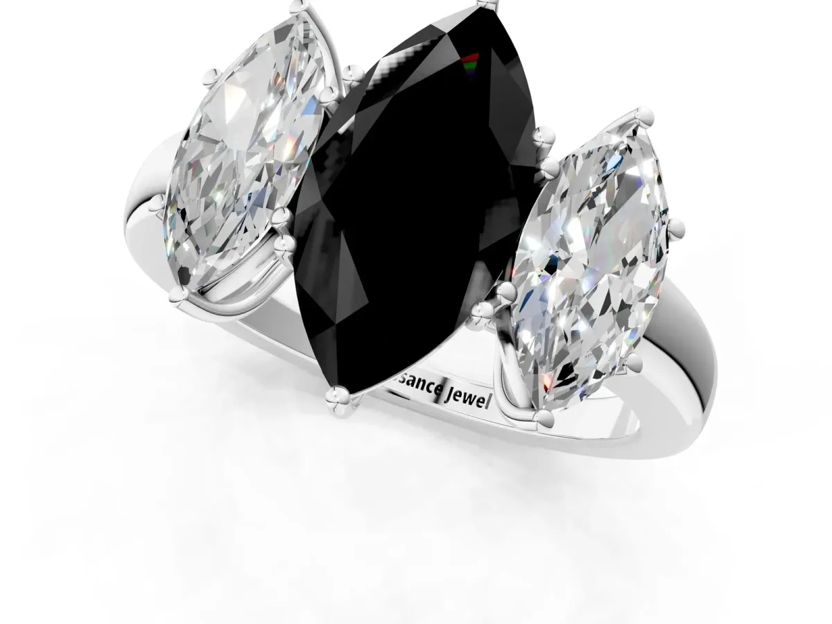 Fancy Black Marquise Cut Diamond Three-Stone Ring with Four-Prong Setting and Classic Band Platinum