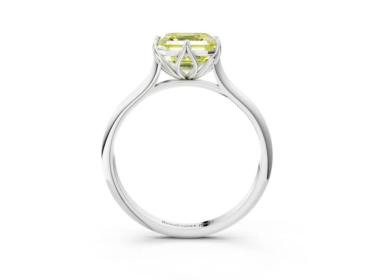 Fancy Yellow Asscher Cut Solitaire Cathedral Diamond Ring with Six-Prong Setting Platinum