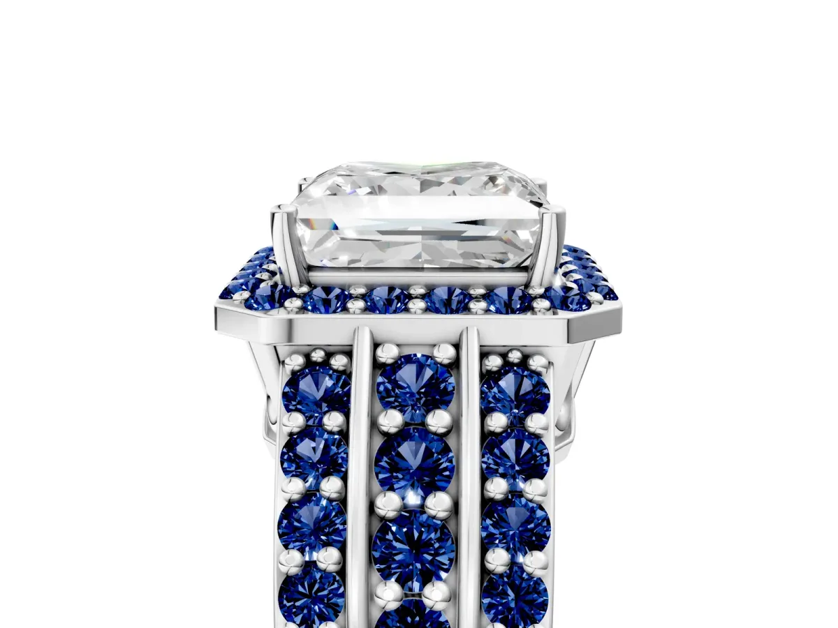 Princess Cut Halo Diamond Ring with Round Blue Sapphire Split Shank and Prong Setting Silver