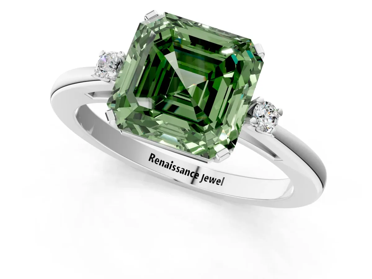 Fancy Green Asscher Cut Cut Three-Stone Solitaire Ring with Round Accent Diamonds and Four-Prong Setting Platinum