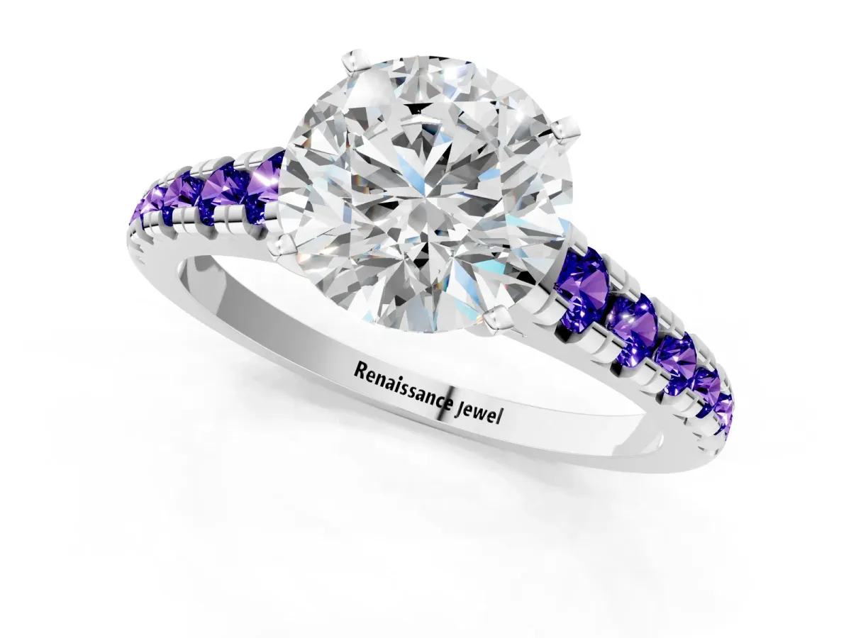 Round Cut Diamond Cathedral Solitaire Ring with Round Tanzanite Pavé Band Silver