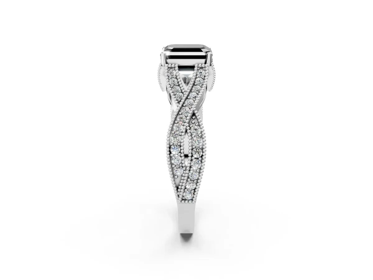 Fancy Black Asscher Cut Cut Diamond Twisted Band with Milgrain Pave Setting and Four-Prong Setting Platinum
