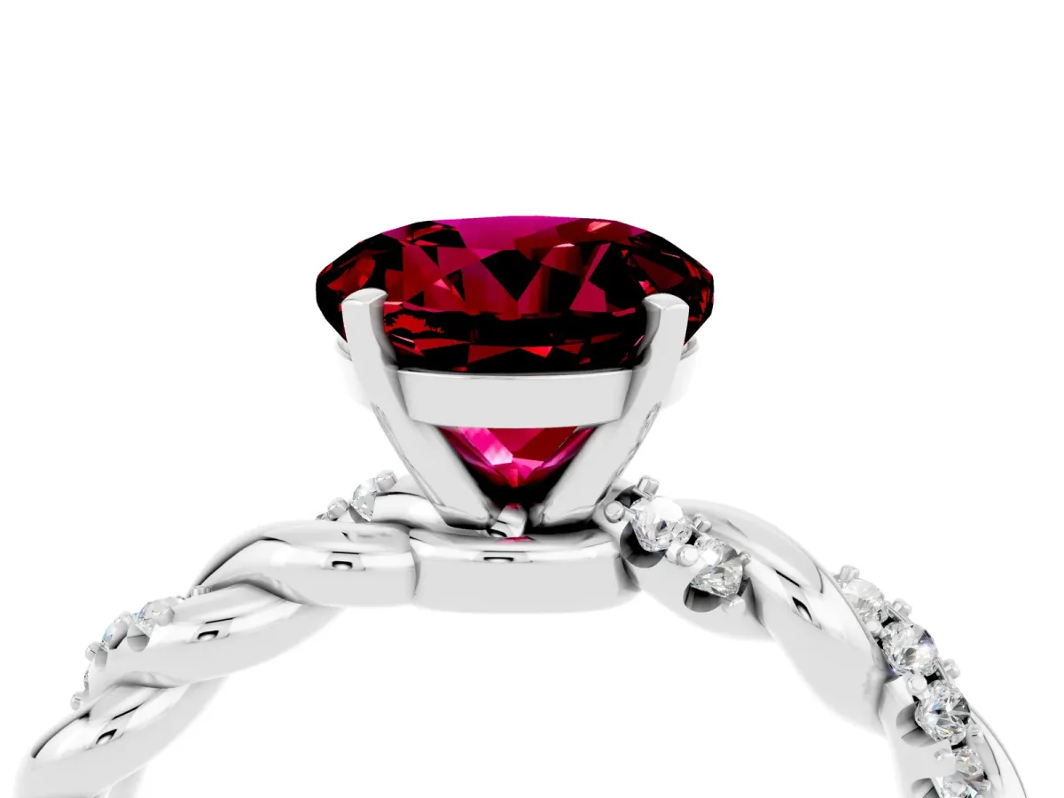 Round Cut Garnet Solitaire Ring with Twisted Band and Pavé Accents Silver