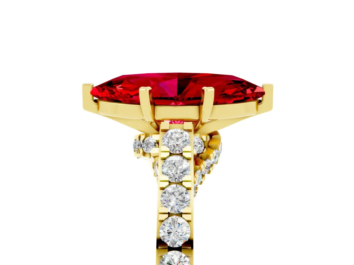 Marquise Cut Ruby Solitaire Ring with Crossover Gallery and Round Pavé Band Yellow gold