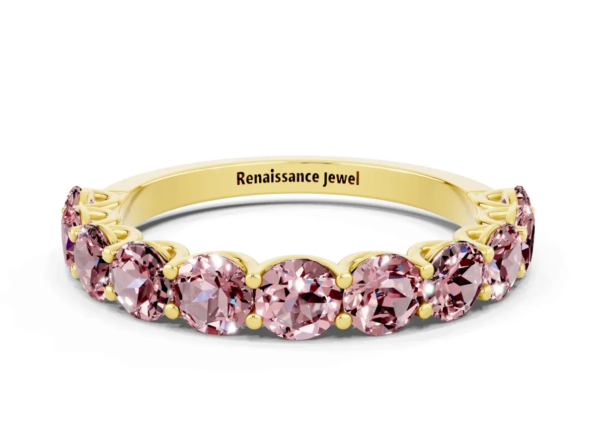 Round Morganite Shared Prong Eternity Band Yellow gold