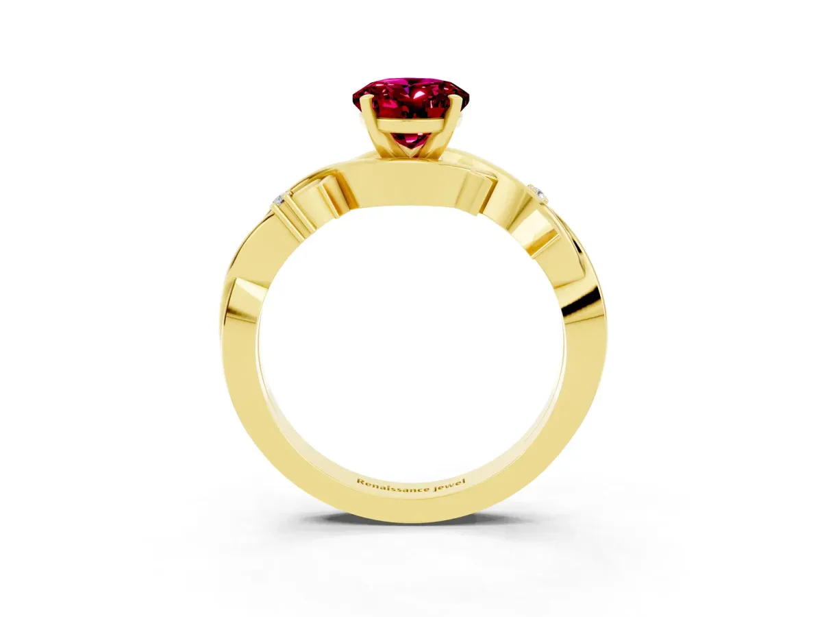 Oval Cut Garnet Solitaire Ring with Twisted Band and Prong Setting Yellow gold