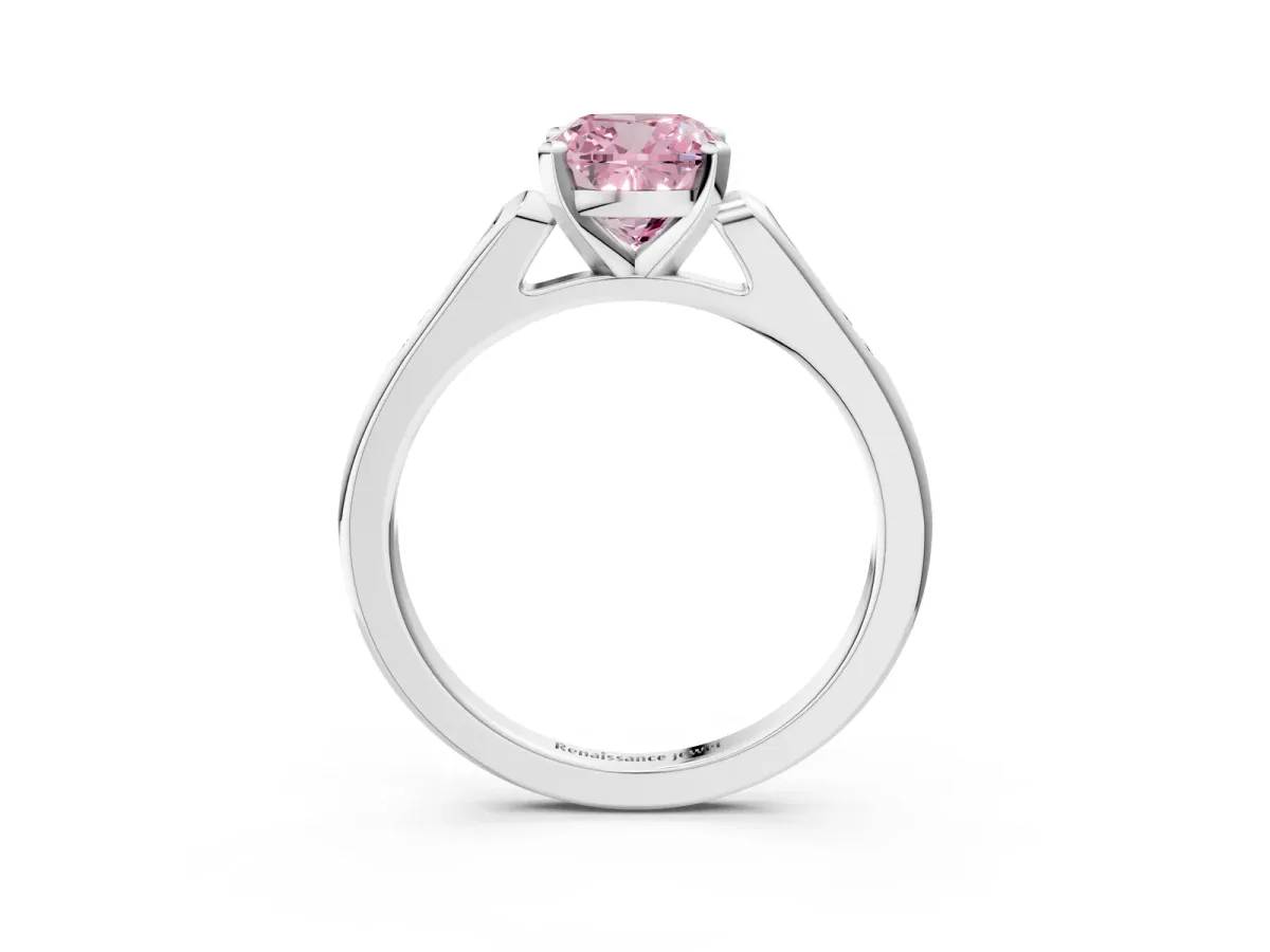 Fancy Pink Cushion Cut Diamond Solitaire Ring with Channel Set Round Band and Prong Setting Silver