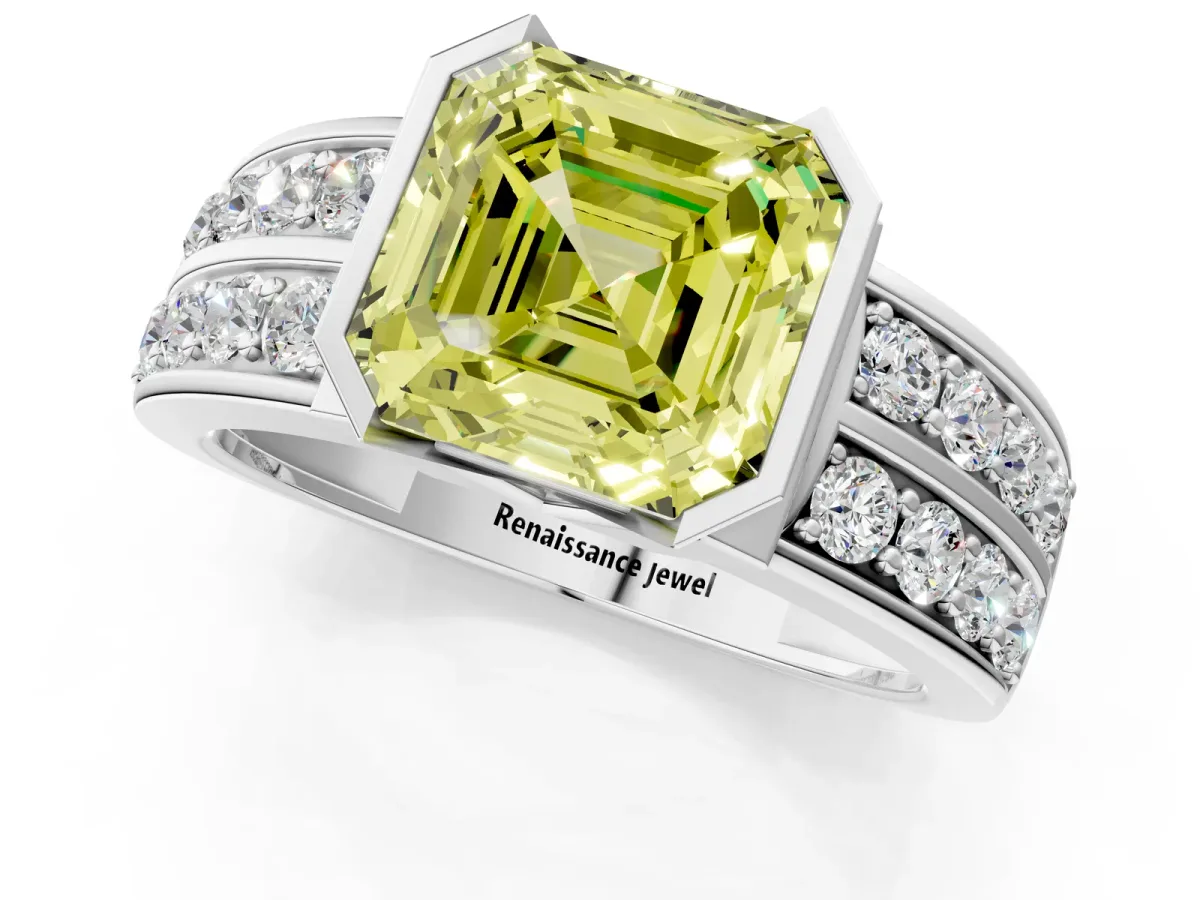 Fancy Yellow Asscher Cut Brilliant Diamond Channel Set Wide Band Ring with Bezel Setting Platinum