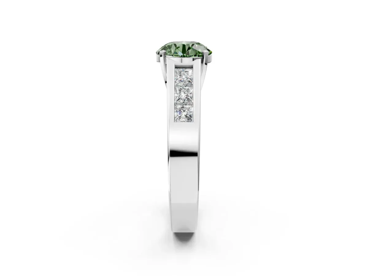 Fancy Green Round Cut Cut Channel Set Solitaire Ring with Four-Prong Setting Platinum