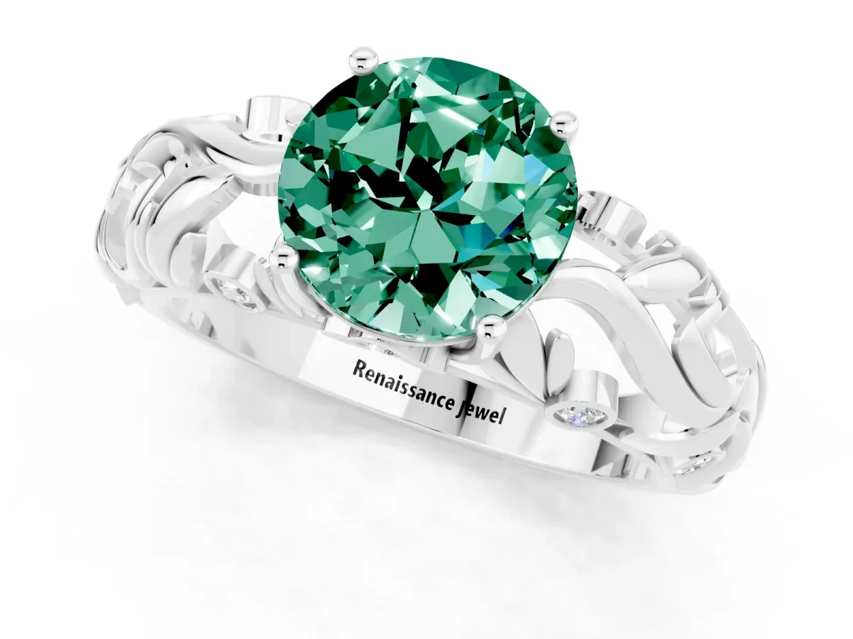 Round Cut Solitaire Green Sapphire Leaf-Inspired Vine Band Ring with Prong Setting Silver